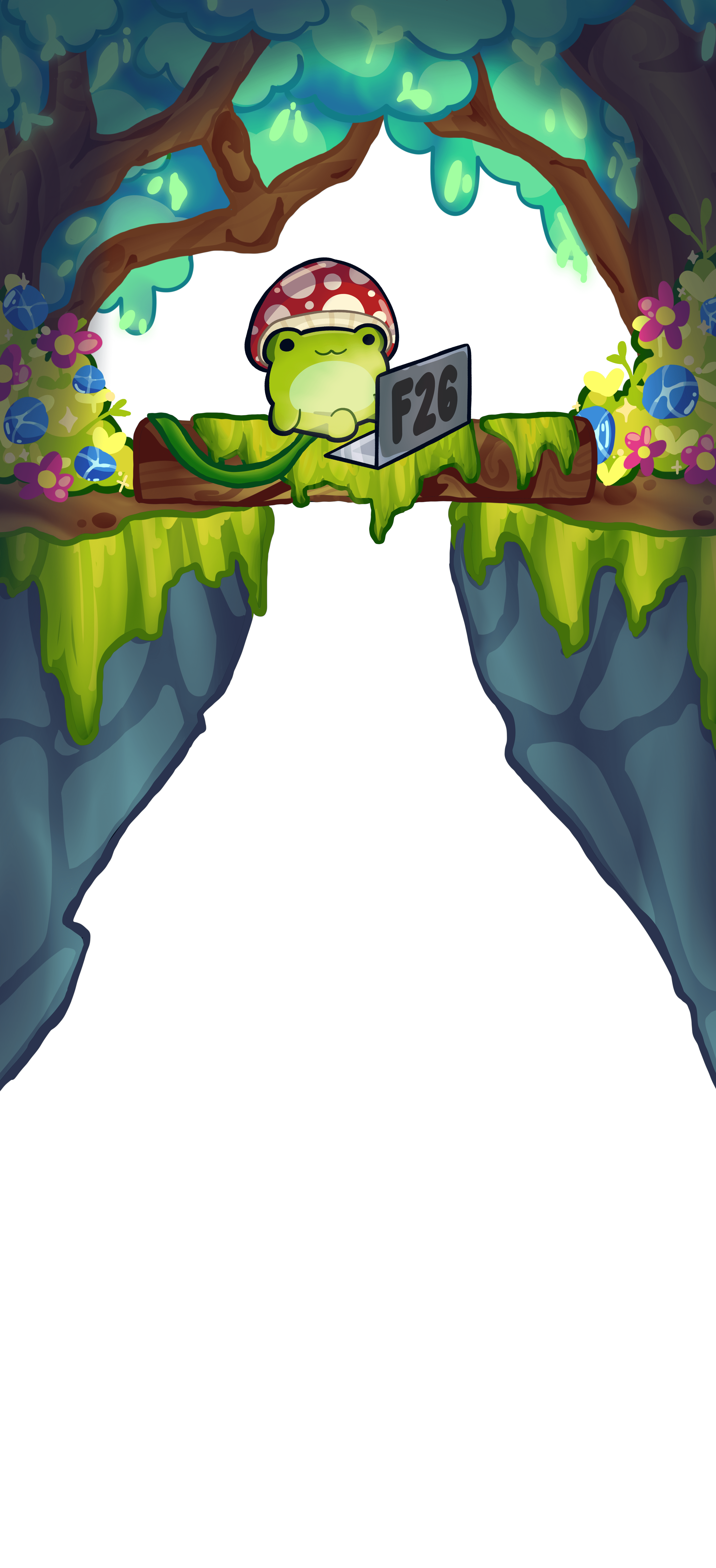 A frog in a mushroom cap working on a laptop